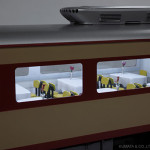 食堂部分。照明点灯状態。椅子・テーブルクロスや一輪挿し、美しい模様の入口ドア等実車の持つ雰囲気を存分に再現。 食堂部分。照明点灯状態。椅子・テーブルクロスや一輪挿し、美しい模様の入口ドア等実車の持つ雰囲気を存分に再現。