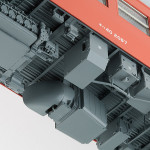 車体中央部下面。通常は見えないキーストンプレートや接触器箱の凹みも再現。 車体中央部下面。通常は見えないキーストンプレートや接触器箱の凹みも再現。