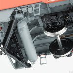 1-2位側スカート裏面。こちら側は枕木方向に渡された供給空気タンクが目を引く。吊り合い空気溜めやブレーキシリンダーも再現。 1-2位側スカート裏面。こちら側は枕木方向に渡された供給空気タンクが目を引く。吊り合い空気溜めやブレーキシリンダーも再現。